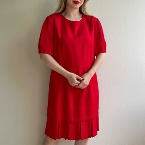 Vintage 1980s Bright Red Dress With Pleated Flounce Hemline (L)